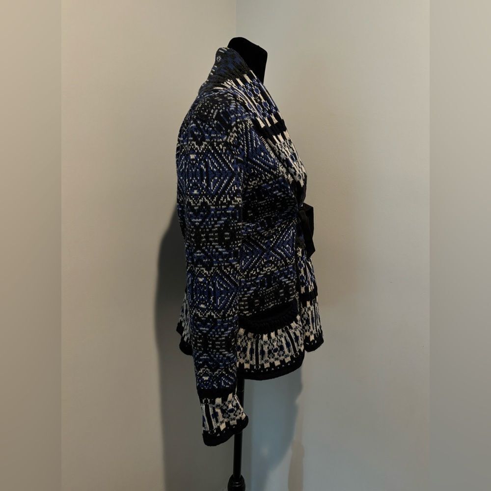 ODD MOLLY Boho Scandi Blue Black Wool Shawl Collar Embroidered Knit Cardigan M - Picture 4 of 12
